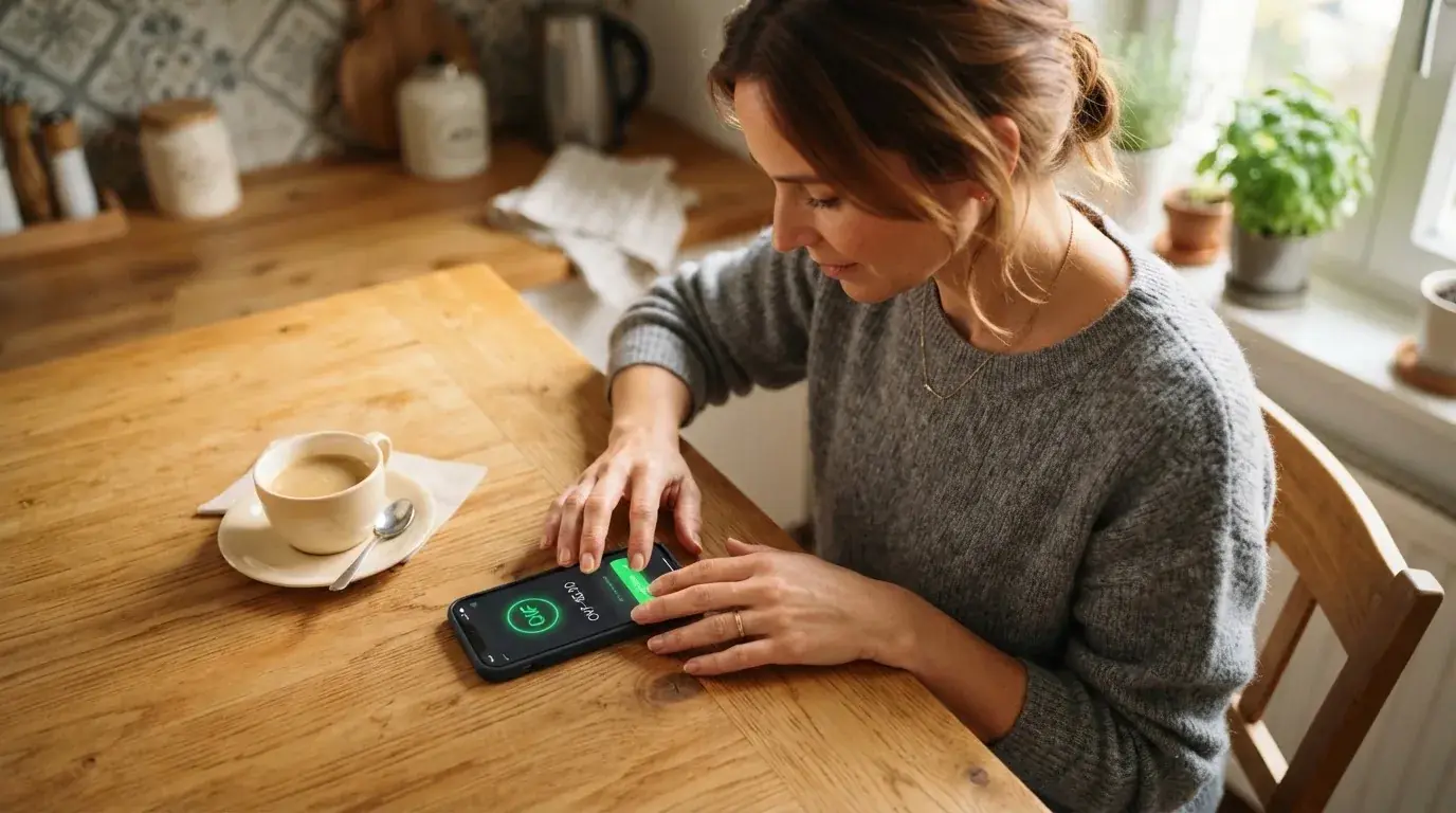 Frau tippt konzentriert auf ihrem Smartphone an einem Küchentisch, eine Tasse Kaffee steht griffbereit daneben.