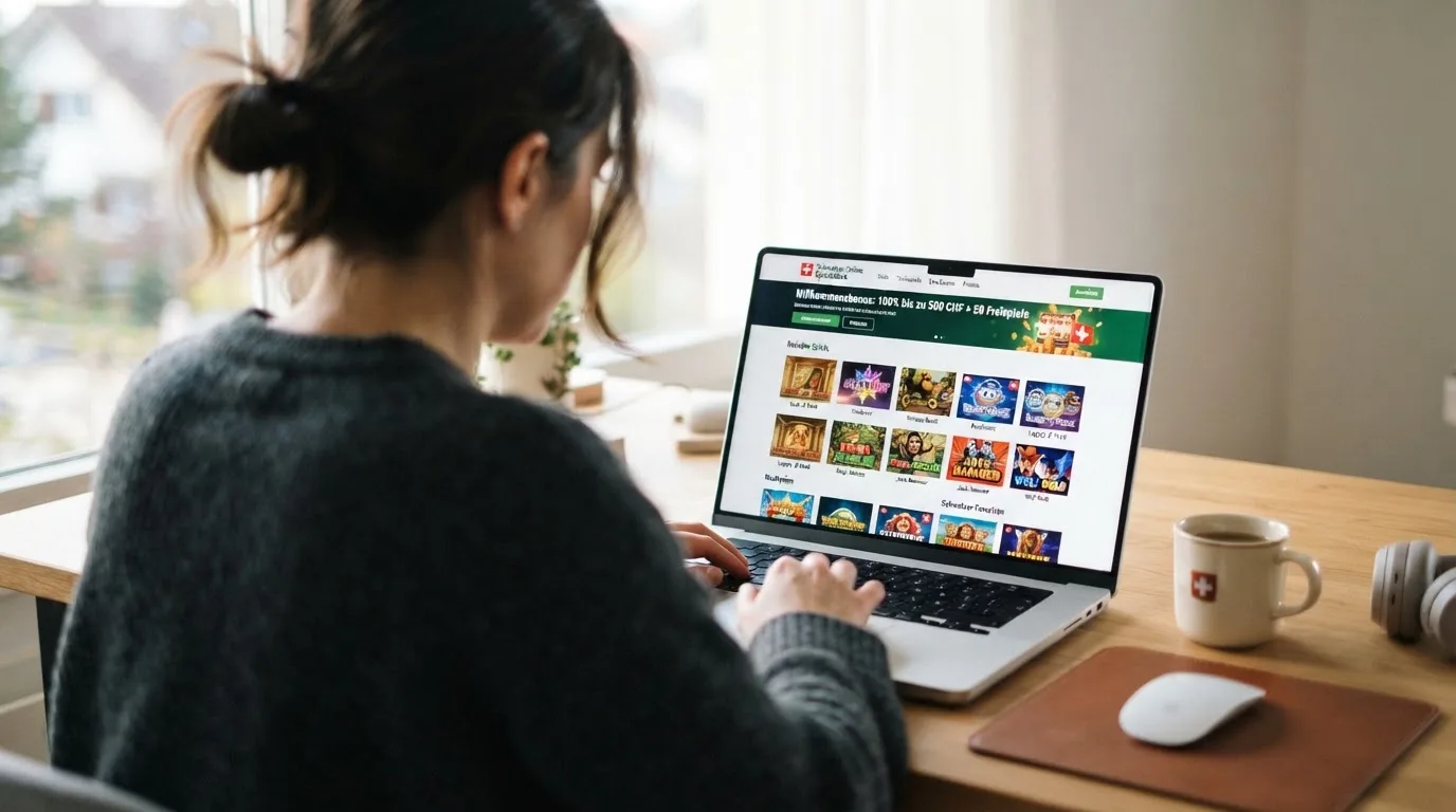 Person am Laptop liest eine Übersichtsseite zu Geldspielen im Internet — 15 franken bonus ohne einzahlung casino