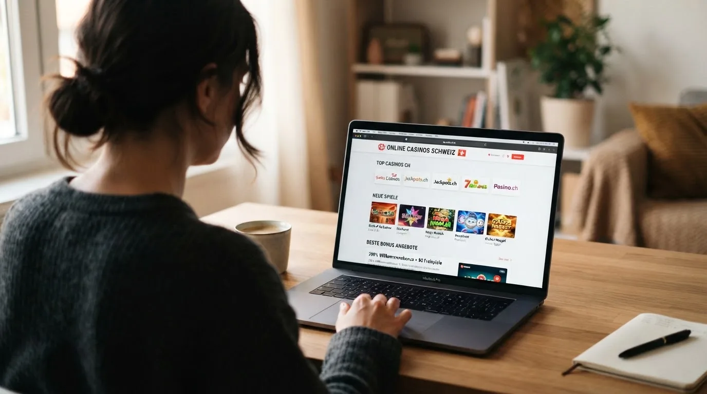 Person am Laptop liest eine Übersichtsseite zu Geldspielen im Internet — 20 freispiele ohne einzahlung