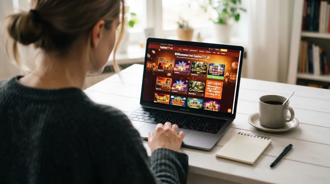 Person am Laptop liest eine Übersichtsseite zu Geldspielen im Internet — 30 franken bonus ohne einzahlung casino