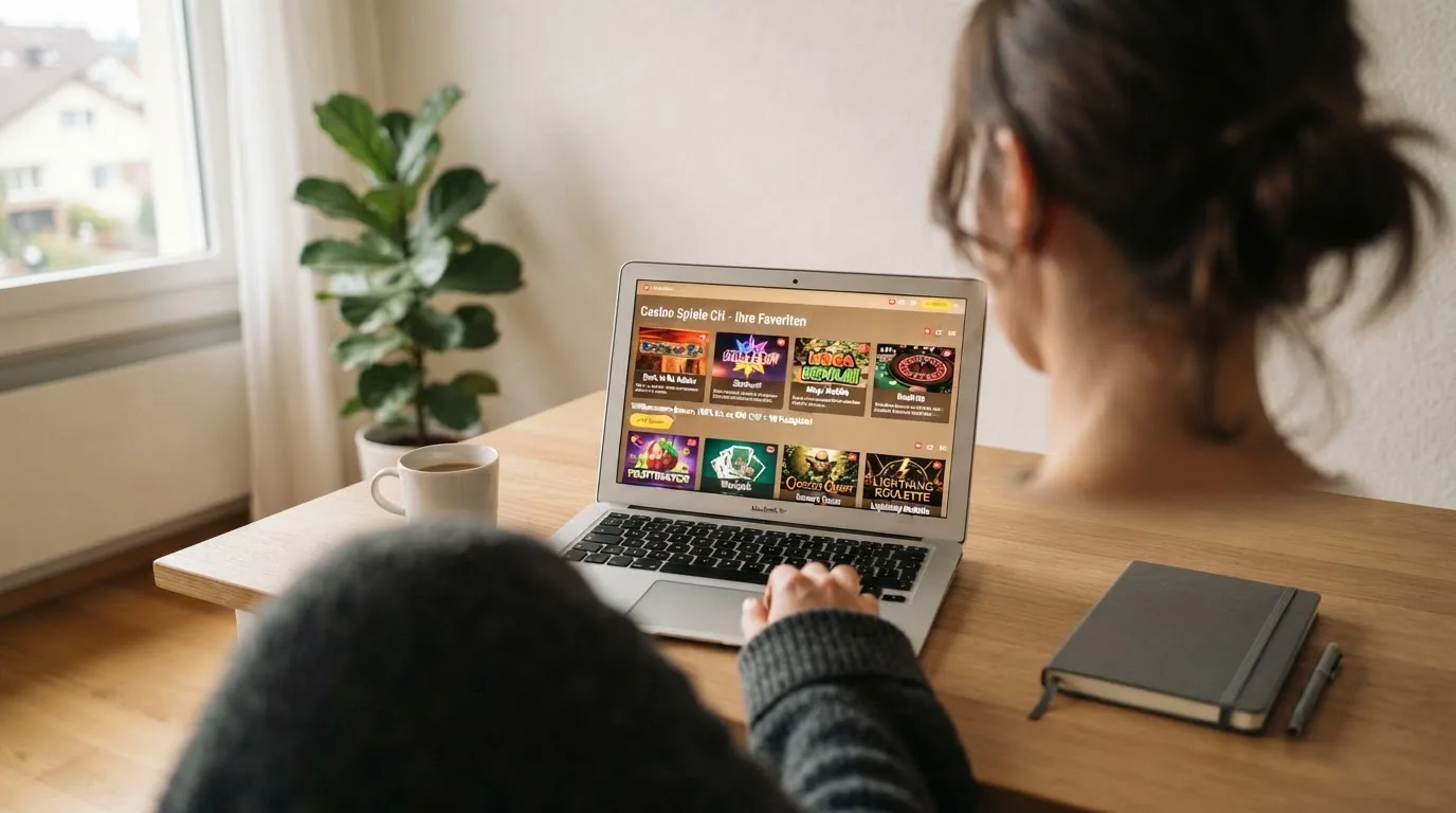 Person am Laptop liest eine Übersichtsseite zu Geldspielen im Internet — 40 franken bonus ohne einzahlung casino