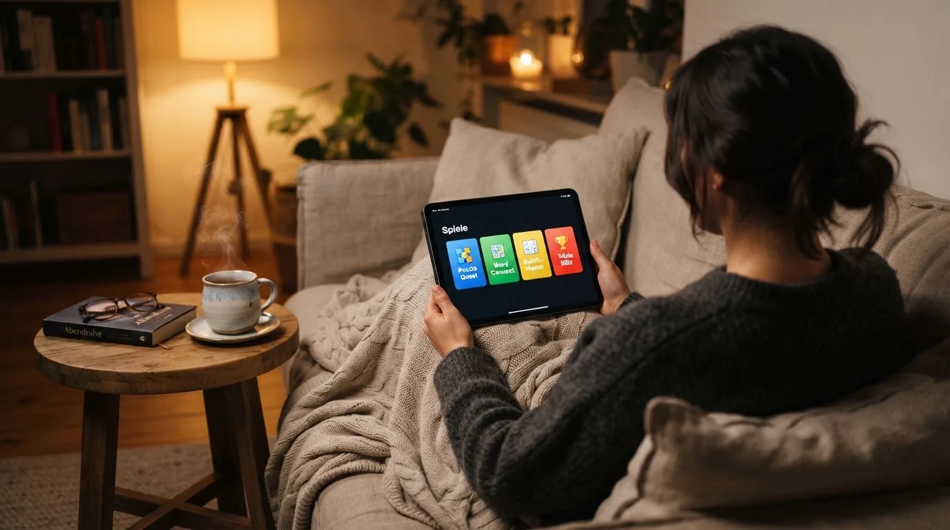 Person sitzt entspannt mit Tablet auf dem Sofa, warmes Lampenlicht, eine Tasse Tee steht daneben auf einem kleinen Tisch.