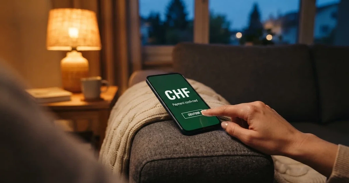 Nahaufnahme einer Hand, die auf einem Smartphone eine Zahlungsbestätigung antippt, im Hintergrund eine gemütliche Wohnzimmerecke am Abend.