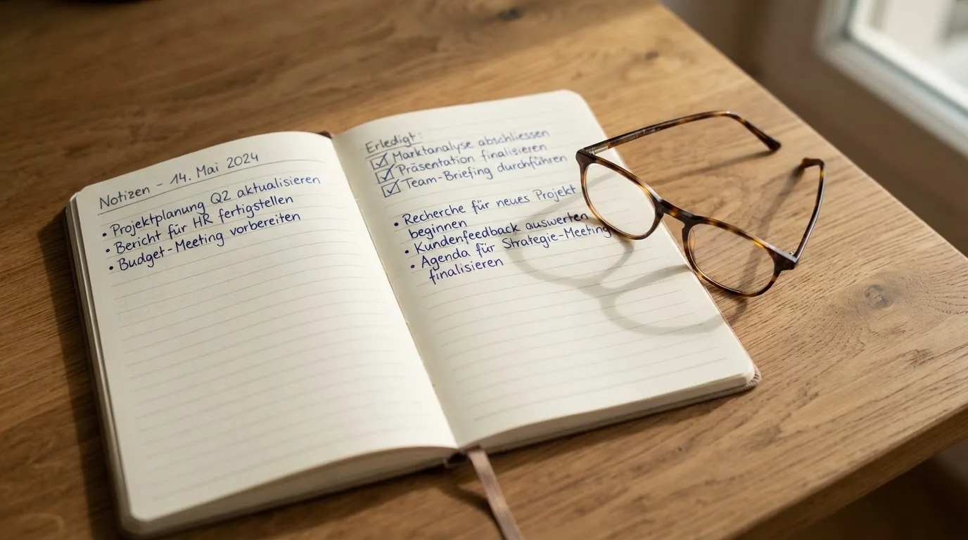 Ein Notizbuch mit handschriftlichen Stichpunkten liegt neben einer Brille auf einem Holzschreibtisch bei Tageslicht.