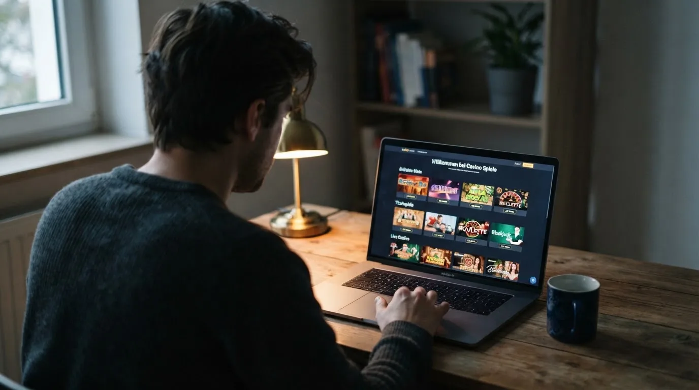 Person am Laptop liest eine Übersichtsseite zu Geldspielen im Internet — aviator online casino