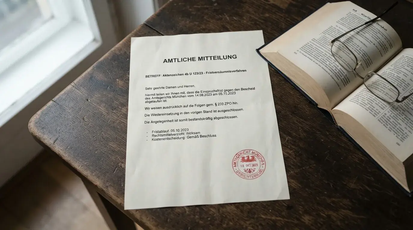 Amtliches Schreiben mit Stempel auf einem Schreibtisch neben einem Gesetzbuch — aviator online casino