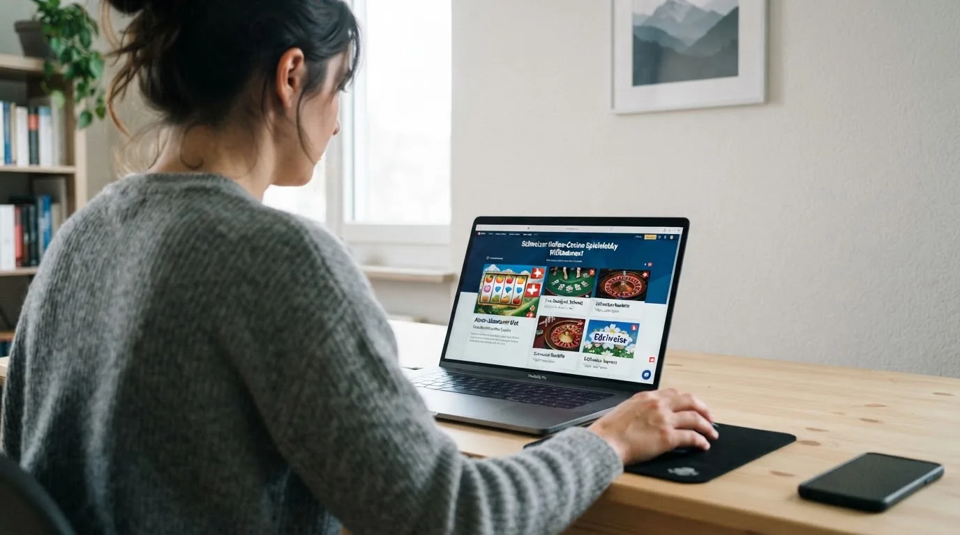 Person am Laptop liest eine Übersichtsseite zu Geldspielen im Internet — beste ausländische casinos für schweizer spieler