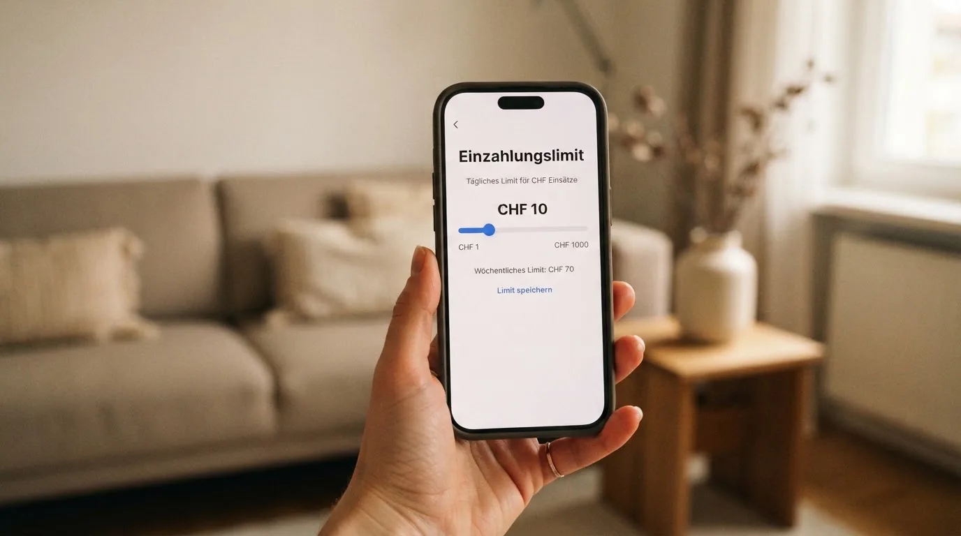 Hand hält ein Smartphone mit einem Formular zur Einzahlungsgrenze, ruhige Stimmung — beste ausländische casinos für schweizer spieler
