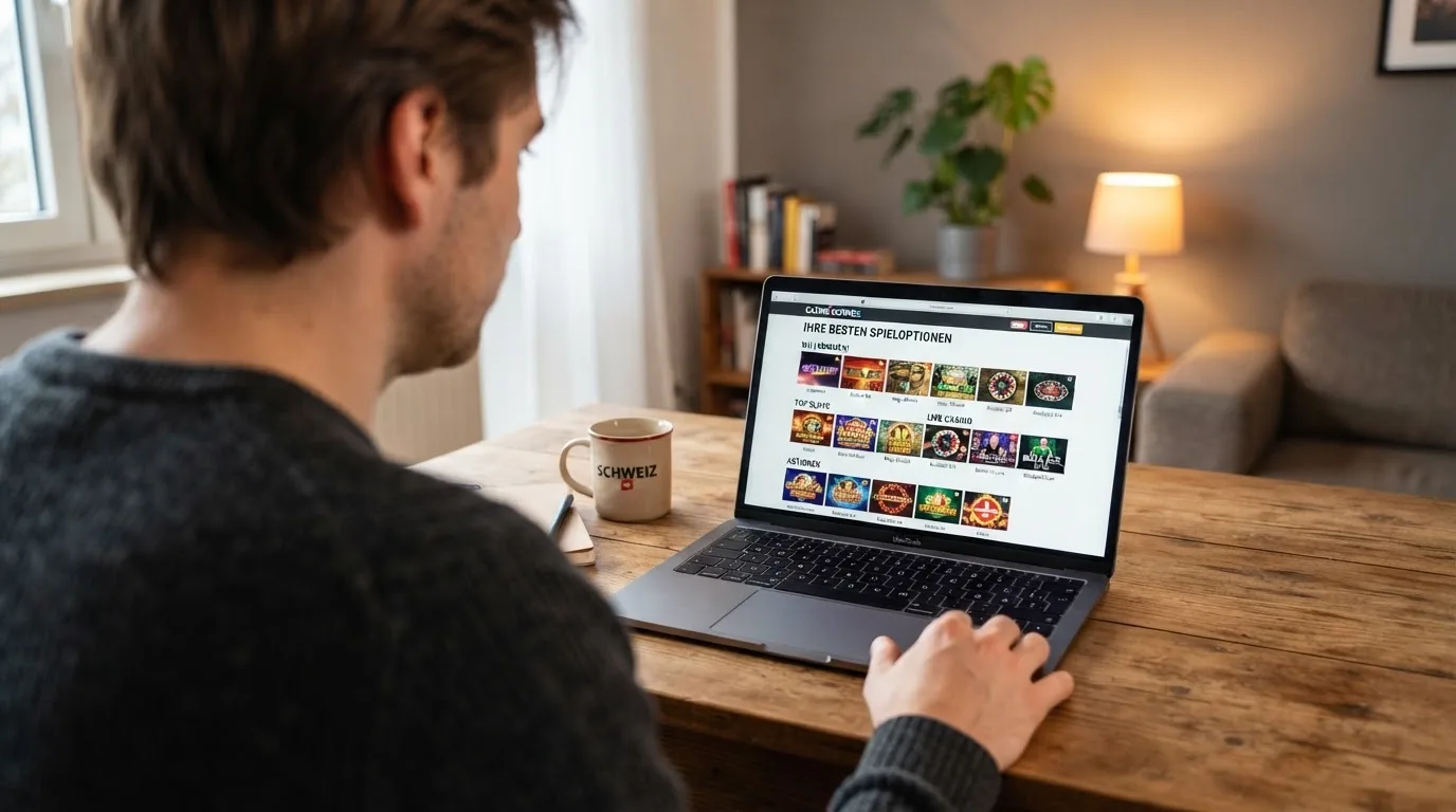 Person am Laptop liest eine Übersichtsseite zu Geldspielen im Internet — beste casino mit schneller auszahlung
