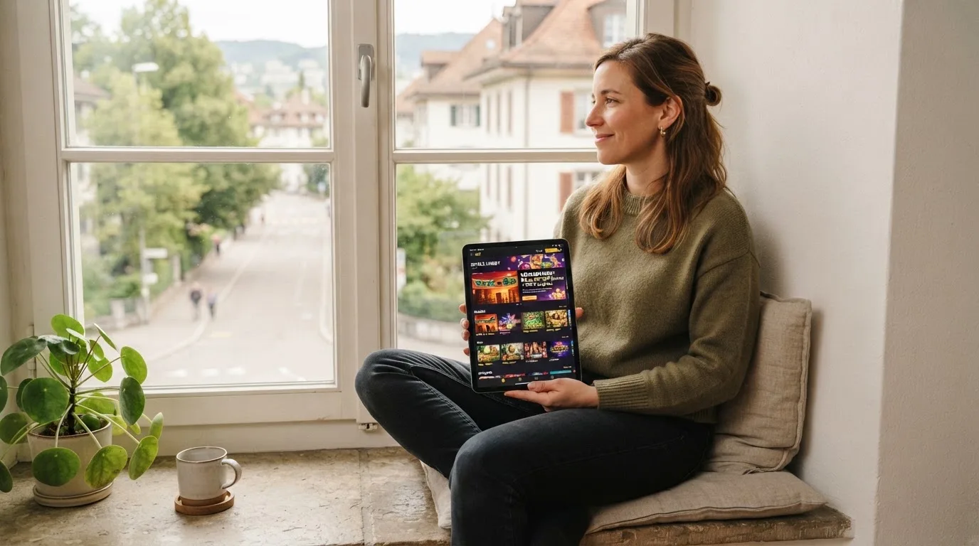 Frau sitzt mit einem Tablet auf einer Fensterbank, Blick nach draussen auf eine ruhige Strasse.
