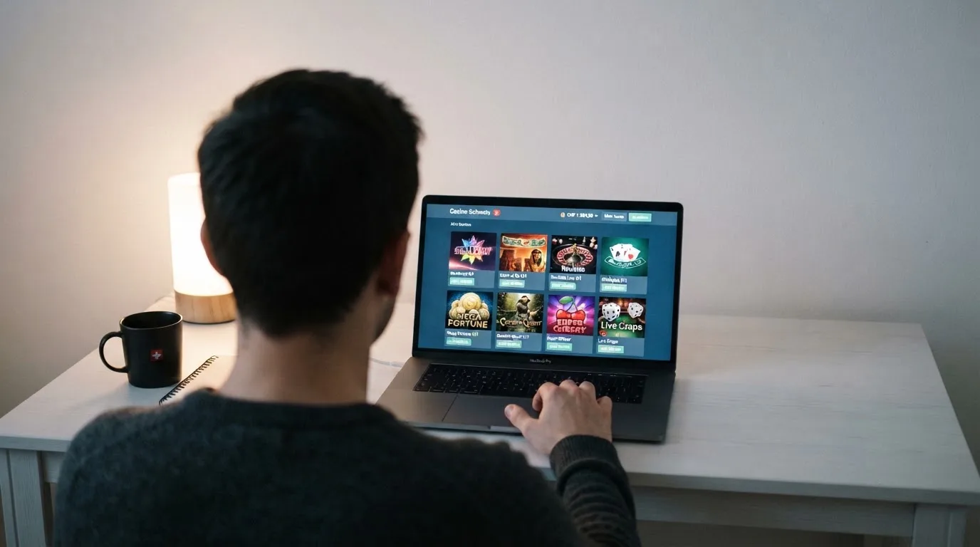 Person am Laptop liest eine Übersichtsseite zu Geldspielen im Internet — beste craps online casinos schweiz