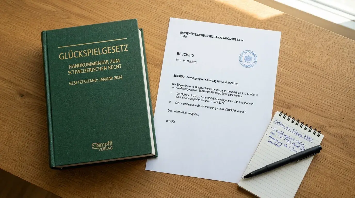 Amtliches Schreiben mit Stempel auf einem Schreibtisch neben einem Gesetzbuch — beste craps online casinos schweiz