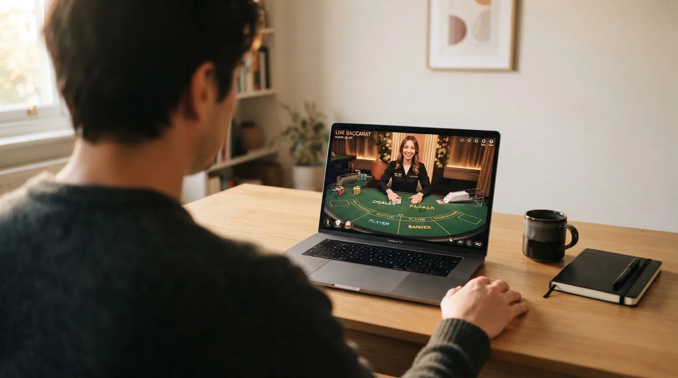 Person am Laptop liest eine Übersichtsseite zu Geldspielen im Internet — beste live baccarat schweiz