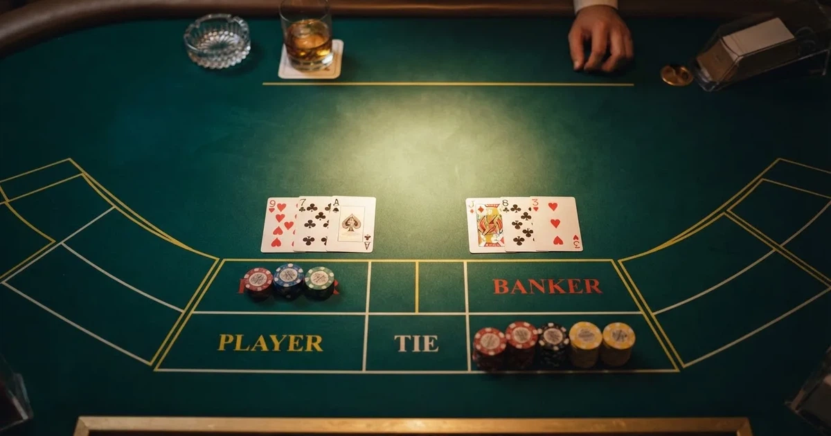 Beleuchteter Spieltisch mit Karten, von oben gesehen — beste live baccarat schweiz