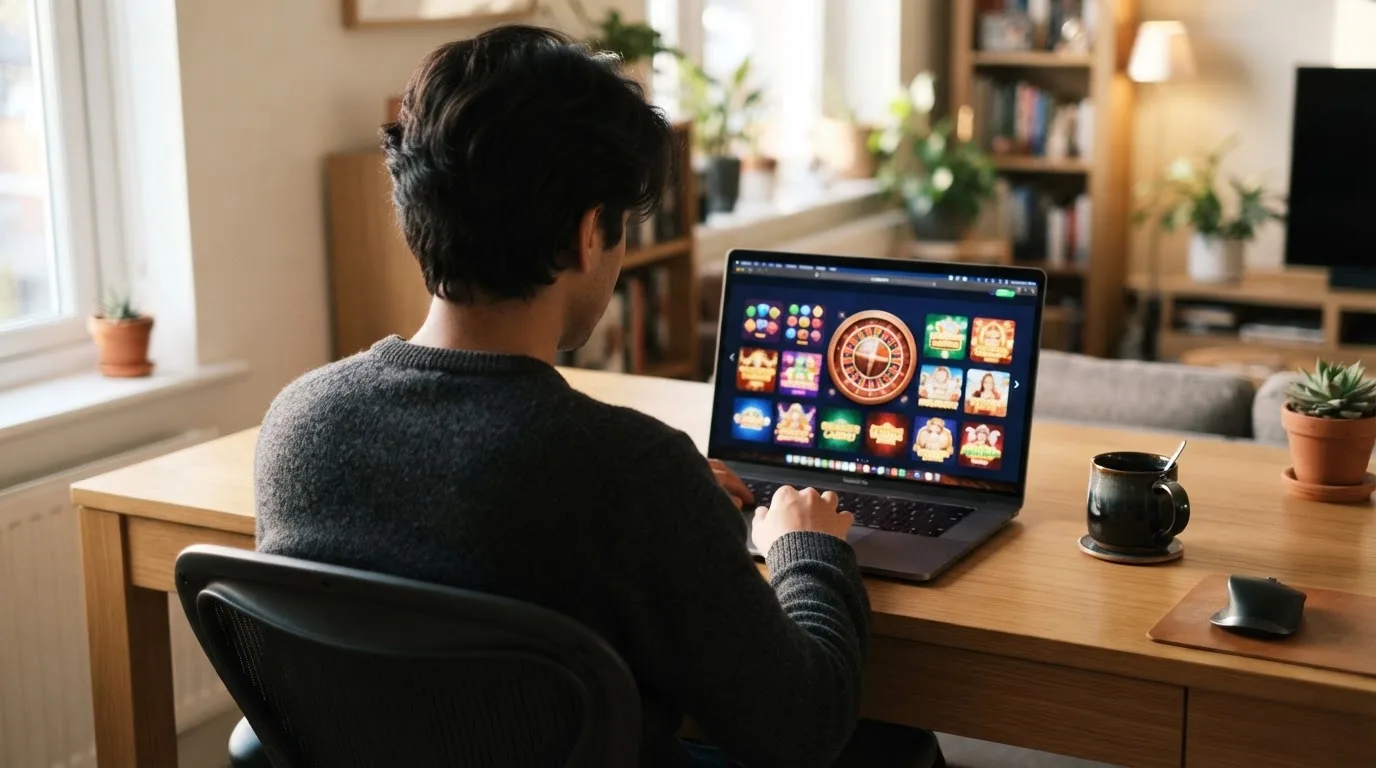Person am Laptop liest eine Übersichtsseite zu Geldspielen im Internet — beste online casino ausland