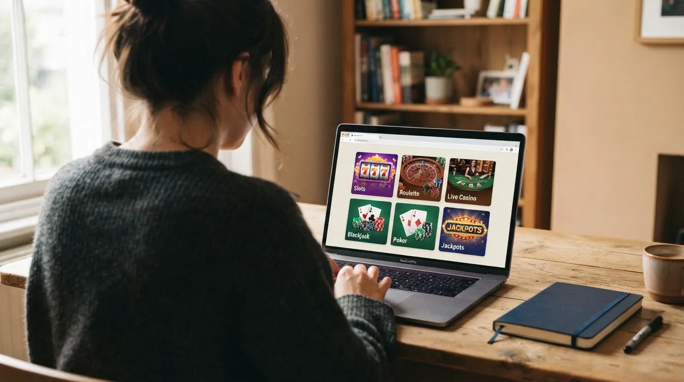 Person am Laptop liest eine Übersichtsseite zu Geldspielen im Internet — beste online casino echtgeld app