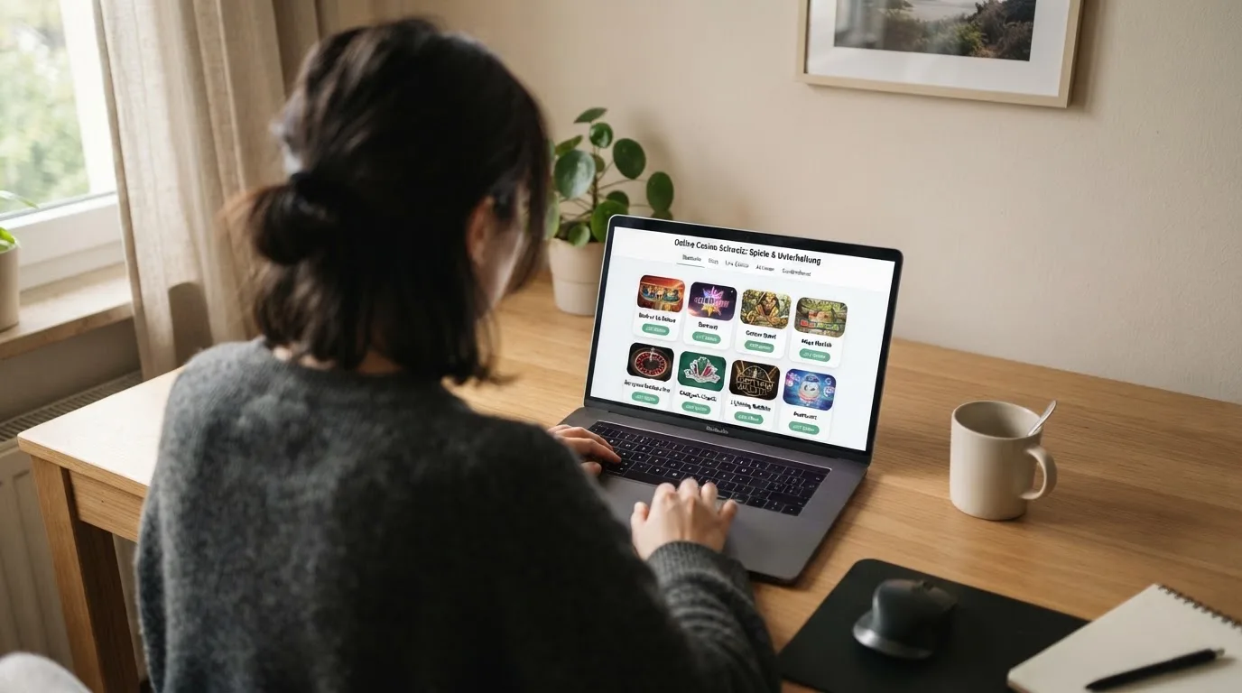 Person am Laptop liest eine Übersichtsseite zu Geldspielen im Internet — beste online casino mit apple pay bezahlen