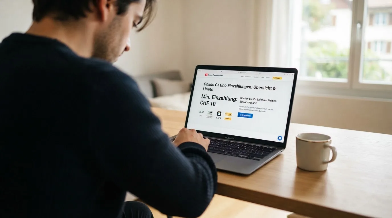 Person am Laptop liest eine Übersichtsseite zu Geldspielen im Internet — beste online casino mit banküberweisung bezahlen