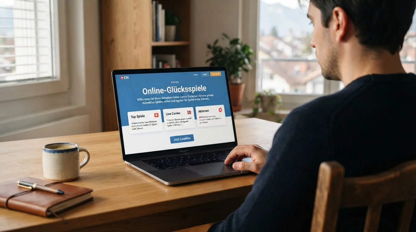 Person am Laptop liest eine Übersichtsseite zu Geldspielen im Internet — beste online casino mit cashtocode bezahlen