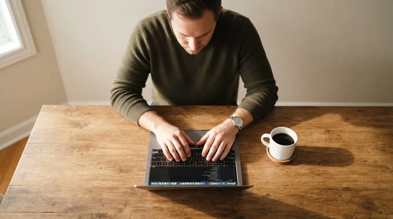 Mann sitzt am Wohnzimmertisch und tippt auf seinem Laptop, eine Kaffeetasse steht griffbereit daneben.