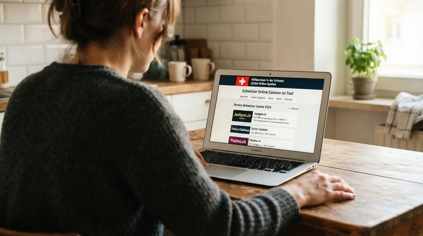 Person am Laptop liest eine Übersichtsseite zu Geldspielen im Internet — beste online casinos ohne verifizierung