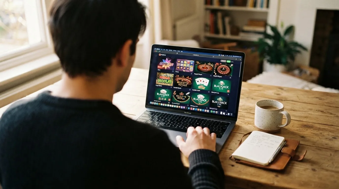 Person am Laptop liest eine Übersichtsseite zu Geldspielen im Internet — beste online spielothek casinos
