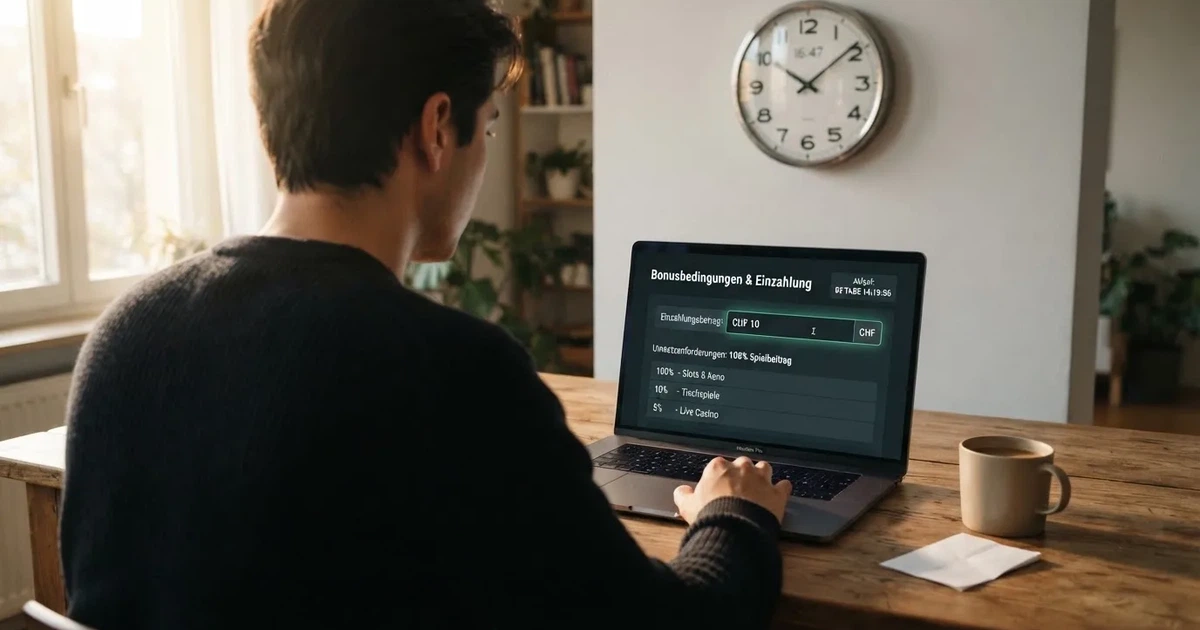 Bildschirm mit Bonusbedingungen, Einsatztabelle und einer Uhr im Hintergrund — bester willkommensbonus online casino