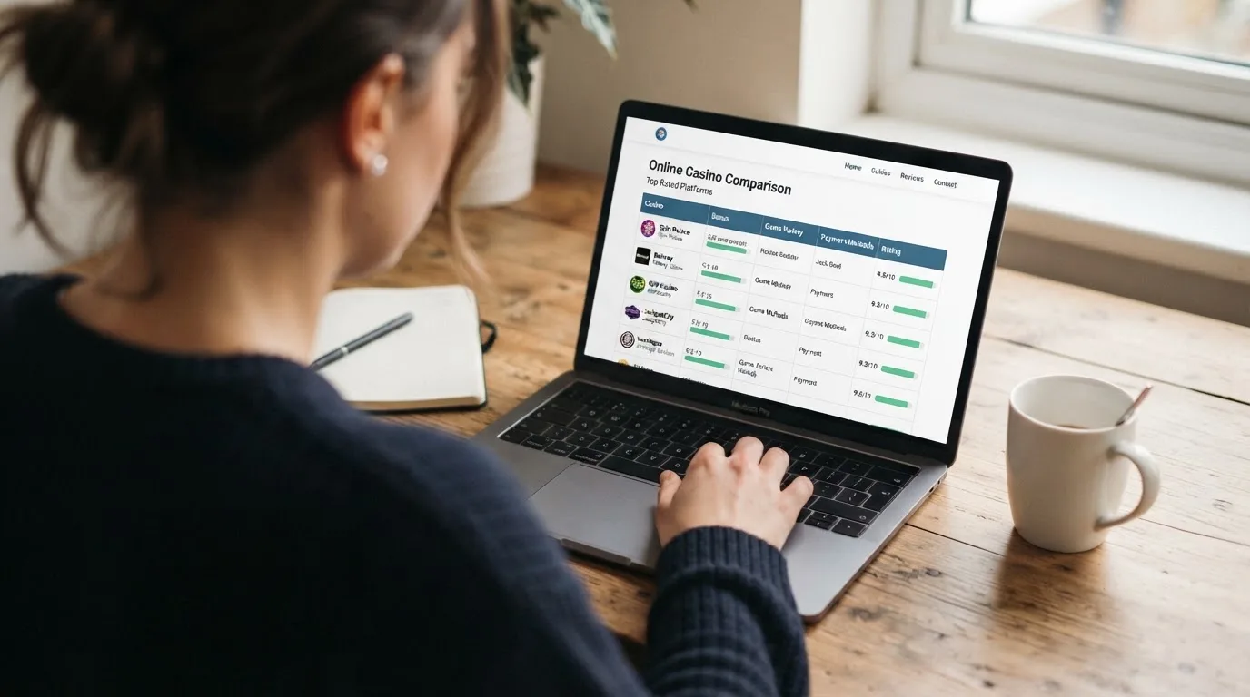 Person am Laptop liest eine Übersichtsseite zu Geldspielen im Internet — binance coin casino vergleich