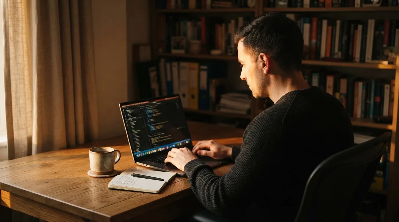 Mann sitzt am Schreibtisch und tippt konzentriert auf seinem Laptop, Abendlicht im Raum.