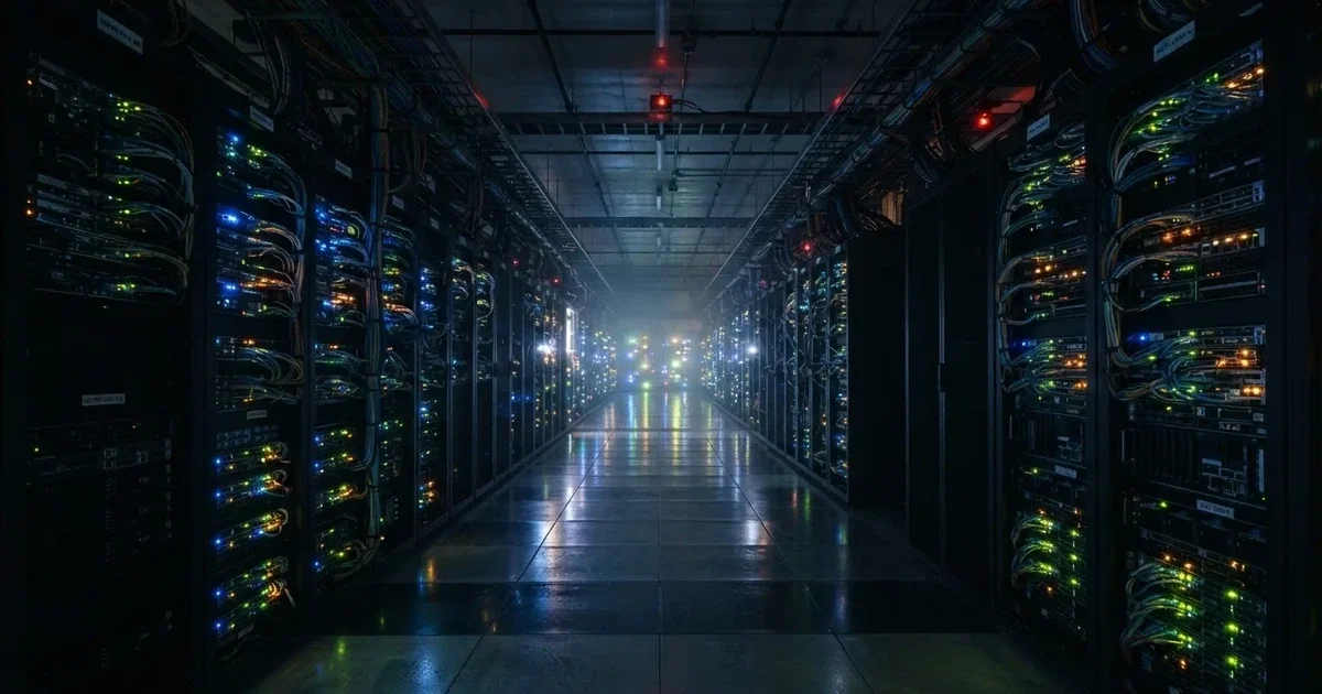 Nahaufnahme mehrerer vernetzter Server in einem Rechenzentrum, blinkende Lichter im Halbdunkel.