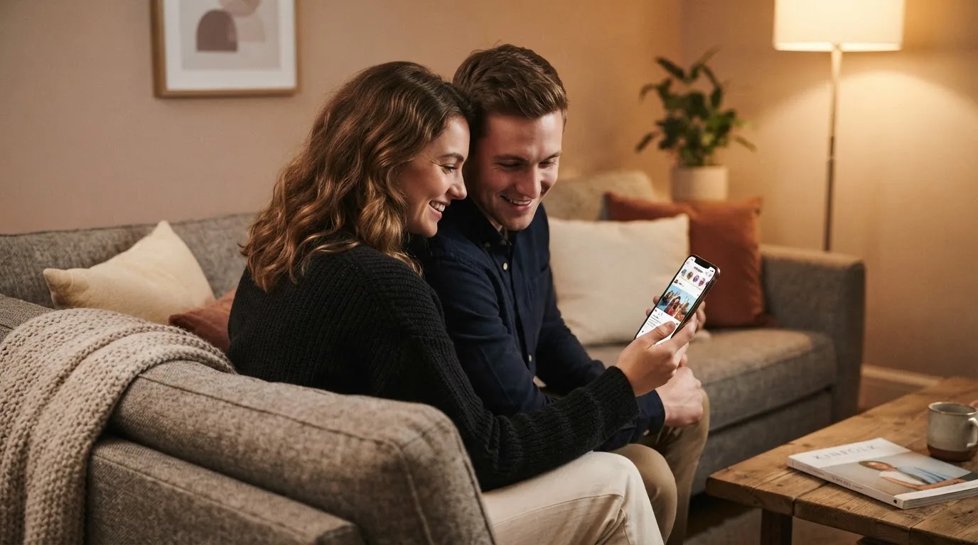Junges Paar sitzt lächelnd auf einem Sofa und schaut gemeinsam auf ein Smartphone, warmes Licht.