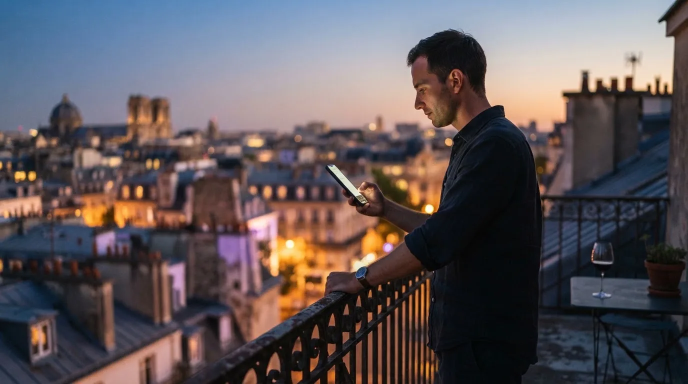 Mann steht auf einem Balkon und tippt auf sein Smartphone, Abendlicht über den Dächern.