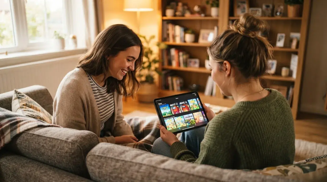 Zwei Freunde sitzen entspannt auf einem Sofa und schauen gemeinsam auf ein Tablet mit Spielangeboten.