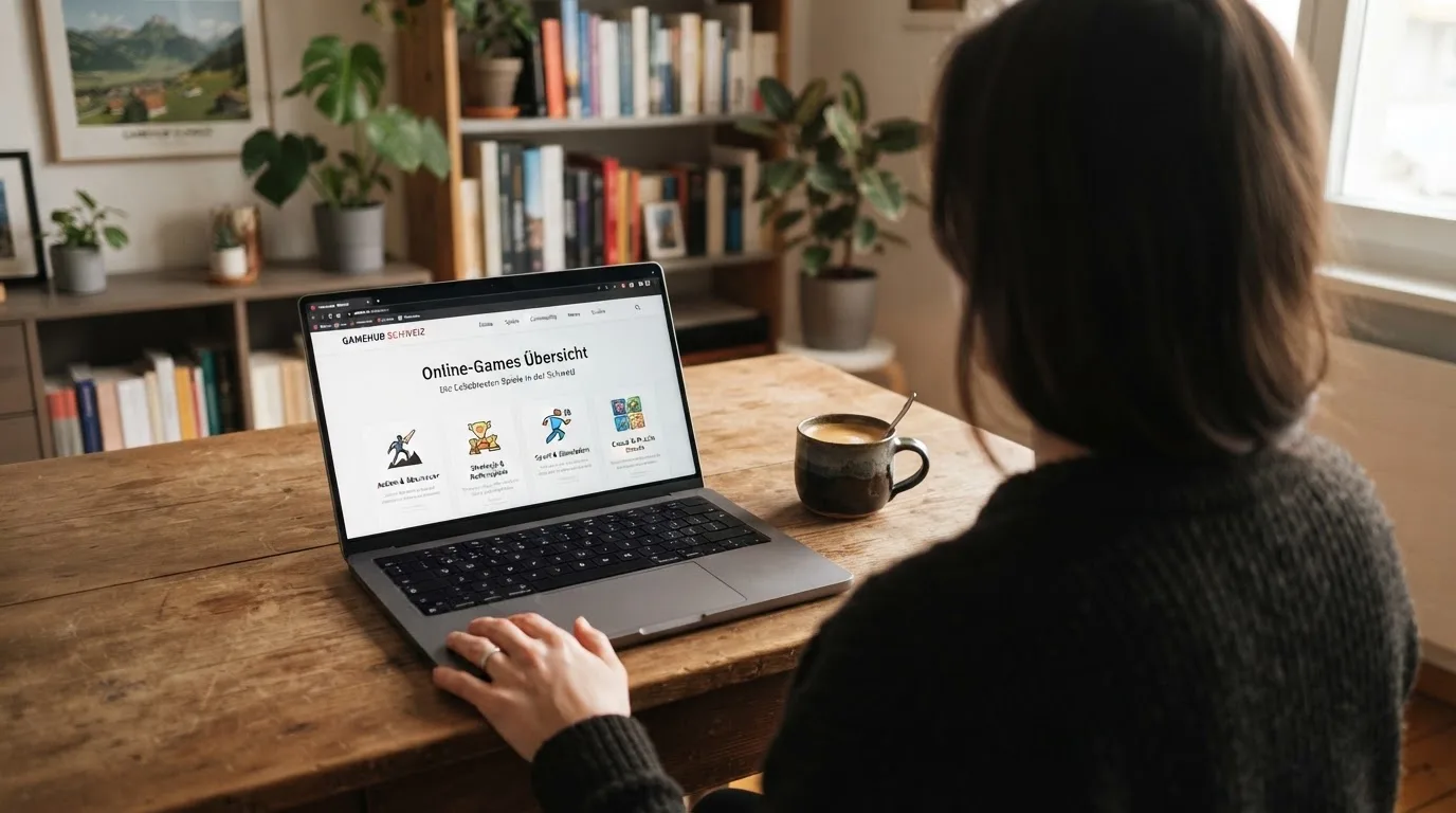 Person am Laptop liest eine Übersichtsseite zu Geldspielen im Internet — casino bonus ohne einzahlung
