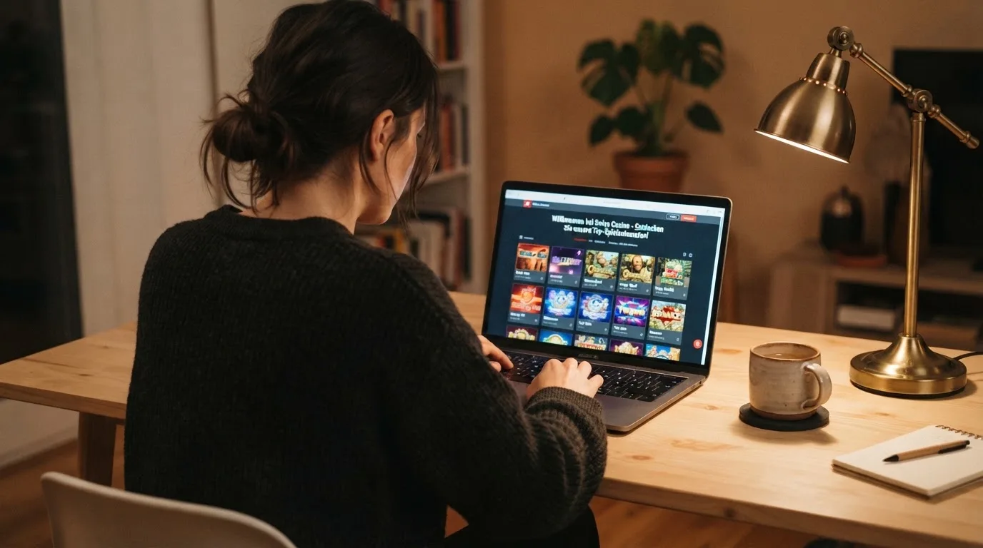 Person am Laptop liest eine Übersichtsseite zu Geldspielen im Internet — casino guthaben ohne einzahlung