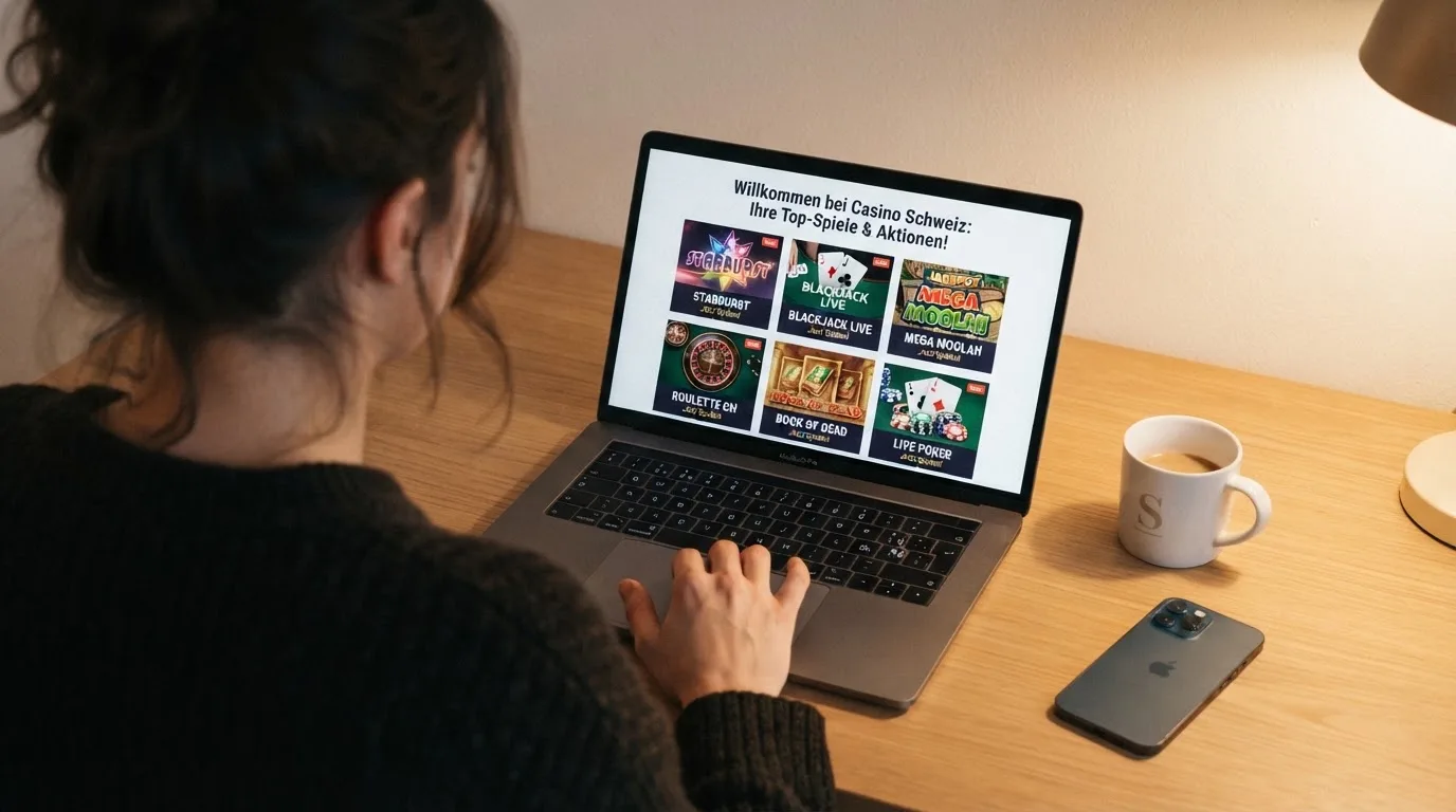 Person am Laptop liest eine Übersichtsseite zu Geldspielen im Internet — casino mit hoher gewinnchance
