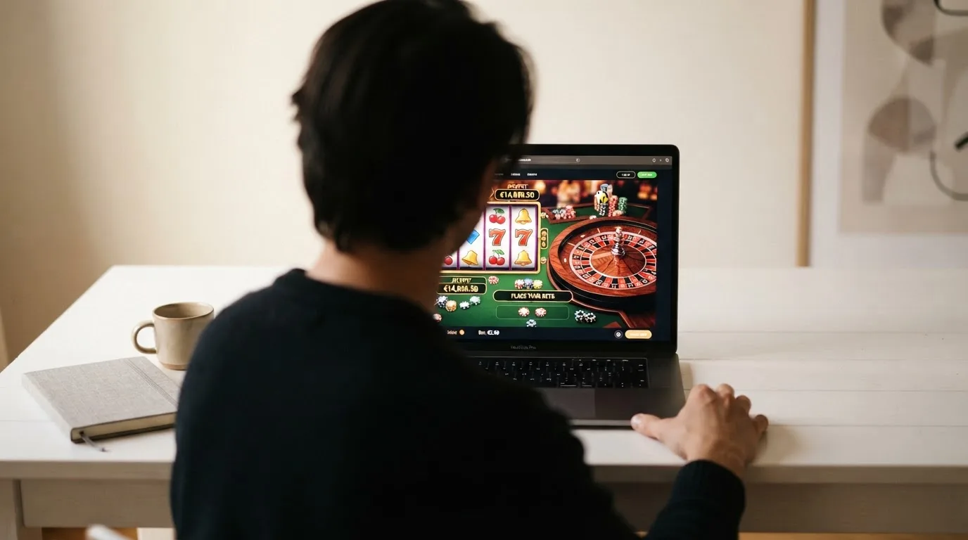 Person am Laptop liest eine Übersichtsseite zu Geldspielen im Internet — handy casino echtgeld bonus ohne einzahlung