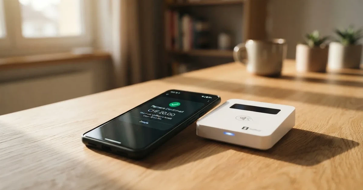 Kartenterminal und Smartphone mit einer ausstehenden Zahlungsbenachrichtigung — handy casino echtgeld bonus ohne einzahlung