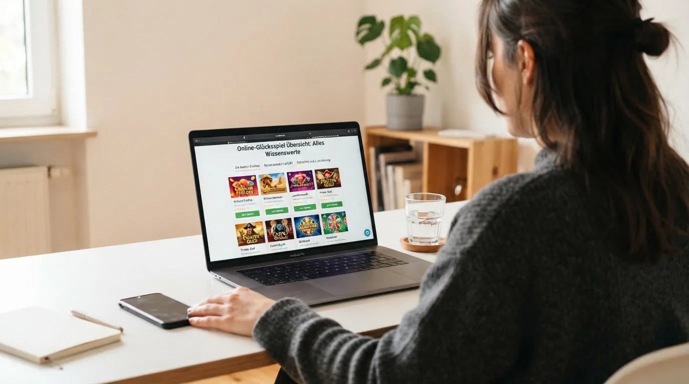 Person am Laptop liest eine Übersichtsseite zu Geldspielen im Internet — online casino bonus ohne einzahlung ohne download