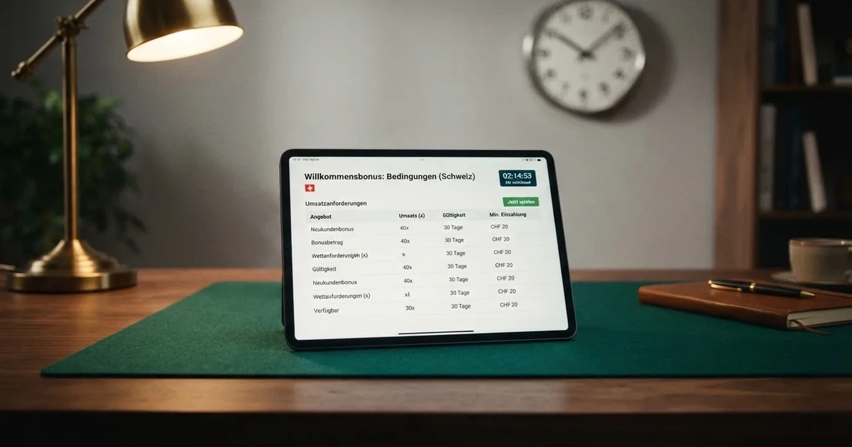 Bildschirm mit Bonusbedingungen, Einsatztabelle und einer Uhr im Hintergrund — online casino bonus ohne einzahlung sofort