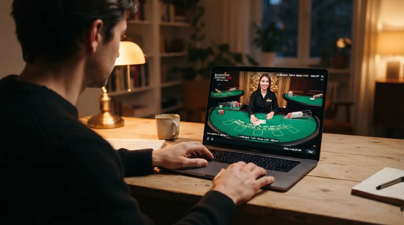 Person am Laptop liest eine Übersichtsseite zu Geldspielen im Internet — online casino bonus ohne umsatzbedingungen