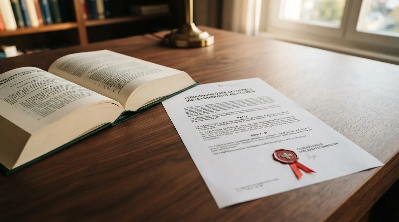 Amtliches Schreiben mit Stempel auf einem Schreibtisch neben einem Gesetzbuch — online casino bonus ohne umsatzbedingungen