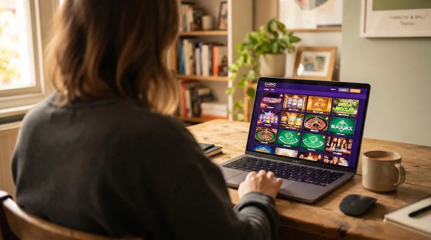 Person am Laptop liest eine Übersichtsseite zu Geldspielen im Internet — online casino mit autoplay
