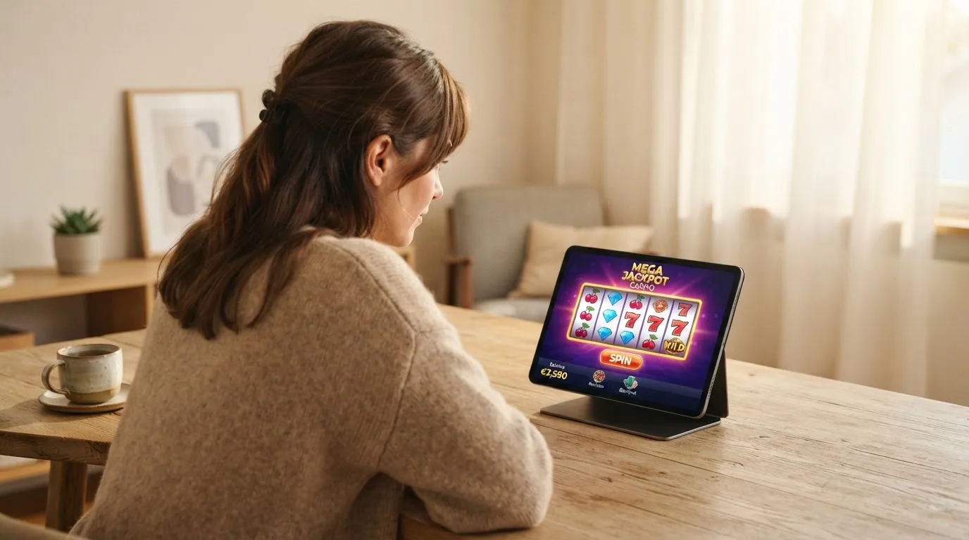 Frau sitzt am Wohnzimmertisch und schaut konzentriert auf ihr Tablet, Nachmittagslicht durchs Fenster.
