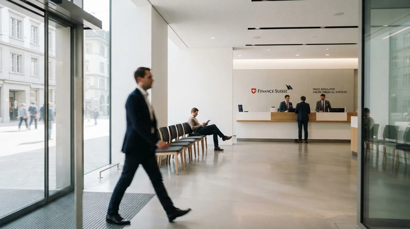 Blick auf eine helle Bankfiliale mit Wartebereich, im Vordergrund unscharf eine Person mit Jacke.